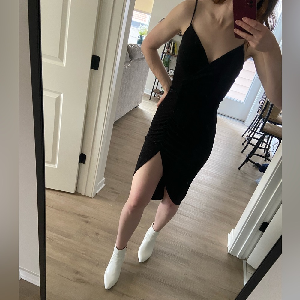 Black asymmetric formal dress with sparkles